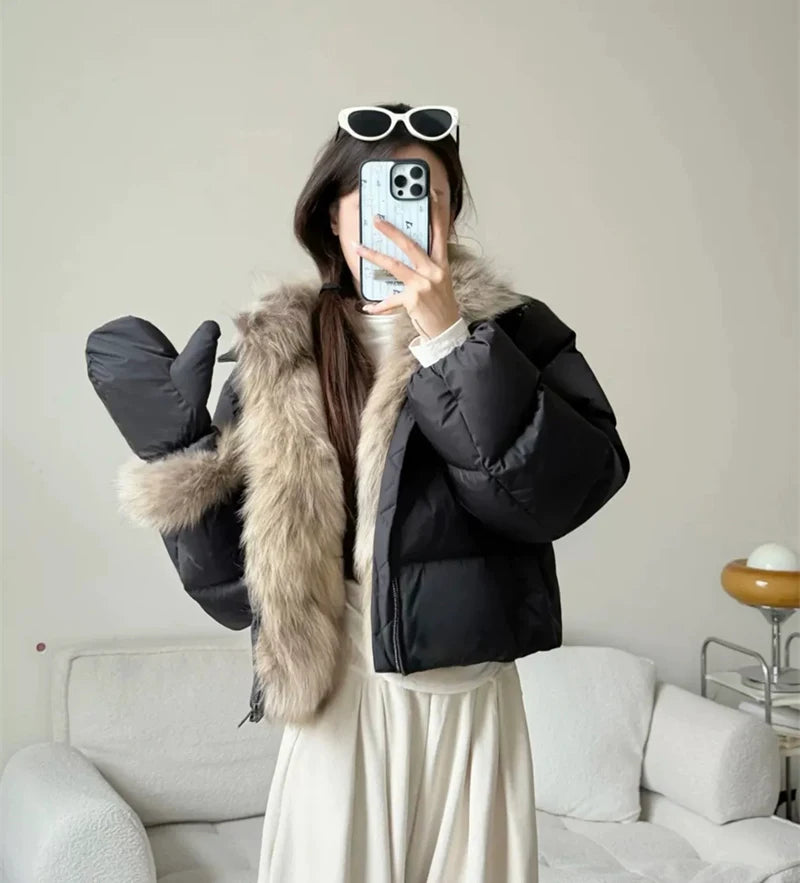 Women's Cropped Puffer Jacket with Faux Fur Collar