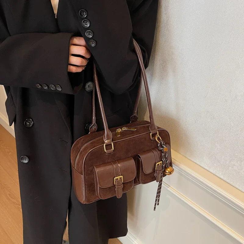 Small Suede Leather Double Outer Flap Pockets Underarm Bags Women Zip Handbags