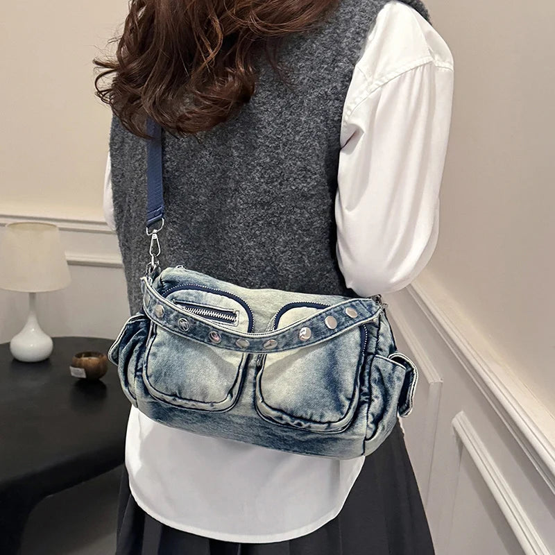 Denim Small Shoulder Bag Women Zipper Outer Pockets Retro Crossbody Purses