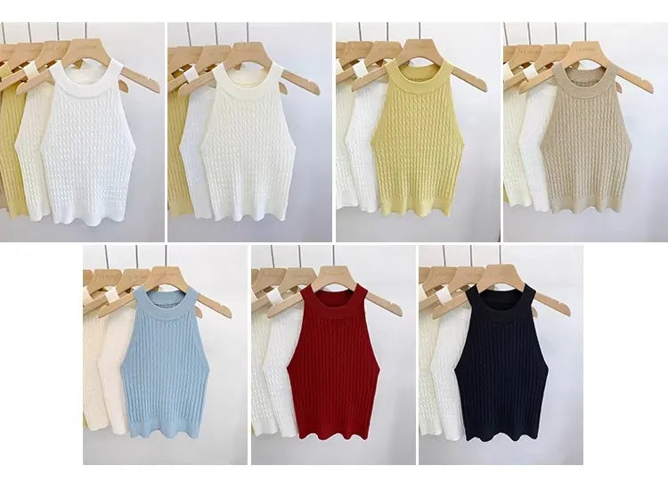 Women's Knitted Halter Camisole Slim Fit Sleeveless Base Tank Tops Solid Crop Tops