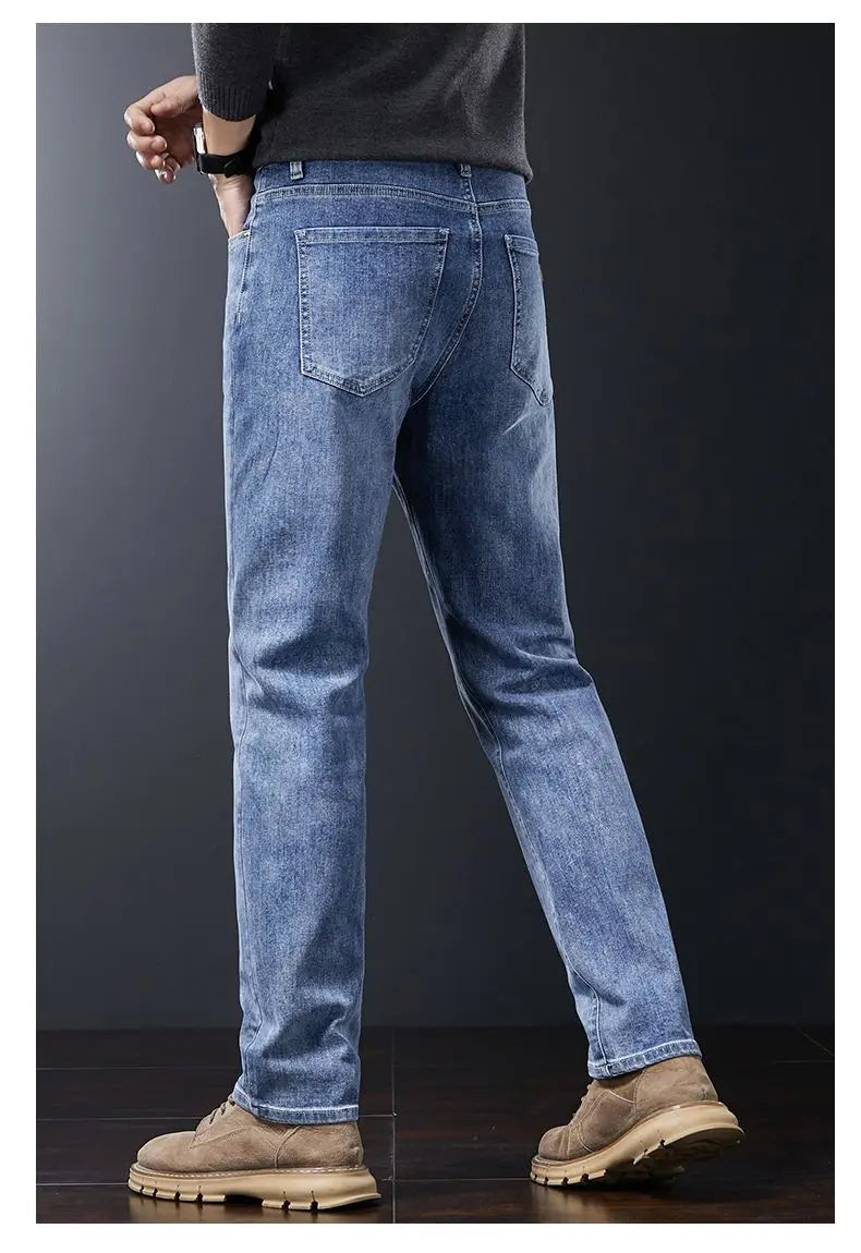 Men's Soft Stretch Straight Jeans Business Casual Slim Fit Wash Denim Pants Korean Fashion Blue Gray Male Brand Trousers