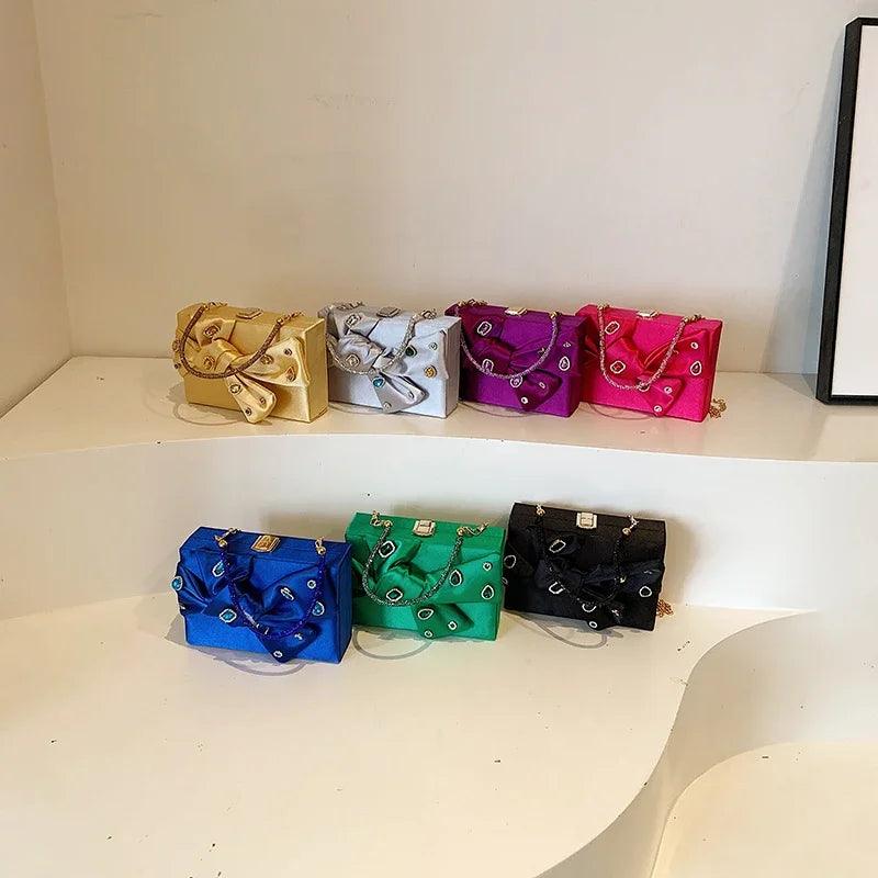 Box Clutch Bow Beaded Chain Crossbody Strap Push Lock Mini Square Evening Bags