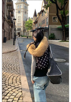 Women's Polka Dot Hooded Puffer Vest with Plush Trim