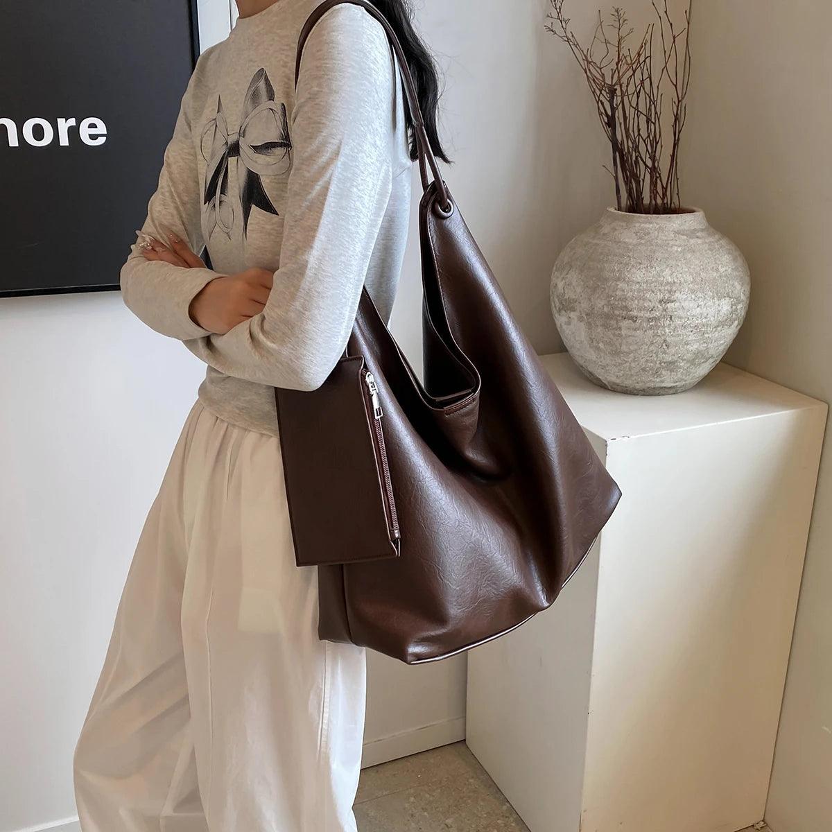 Large Leather Shoulder Bags Soft Women Snap Purses with Exterior Mini Wallet