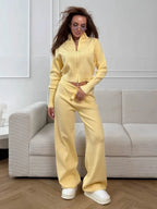 Women's Knit 2-Piece Set Zip-Up Stand Collar Cardigan Wide-Leg Ankle Pants Office Lady Autumn Winter Outfit