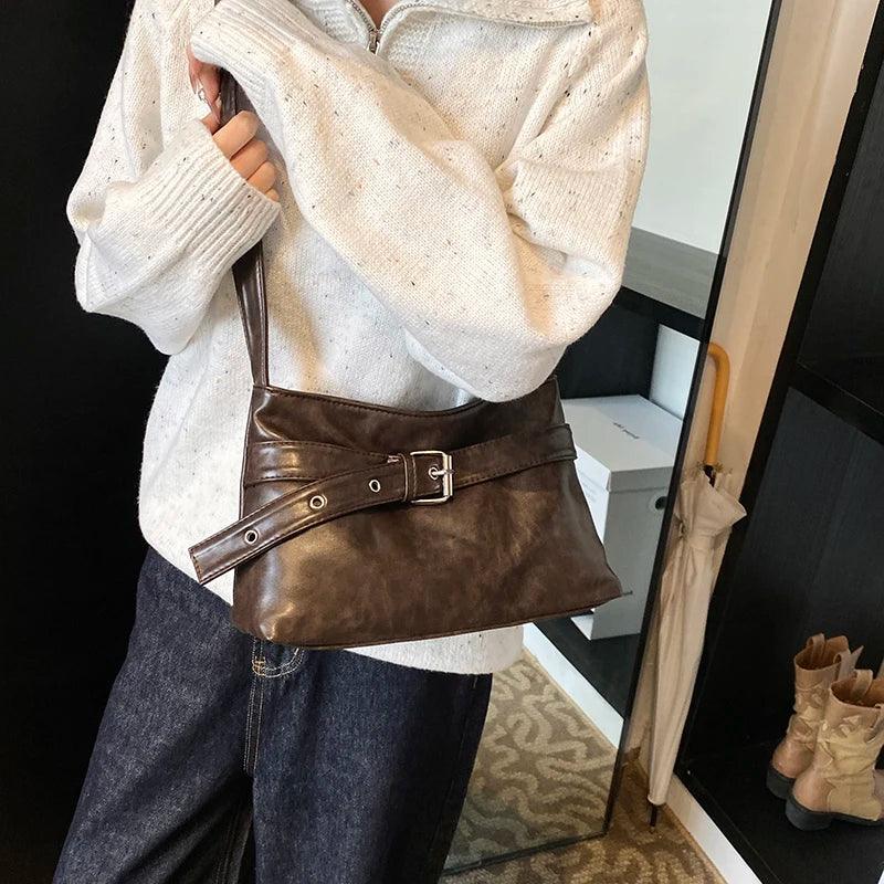 Leather Shoulder Bags Women Belt Buckle Soft Handbags Zipper Ajustable Strap