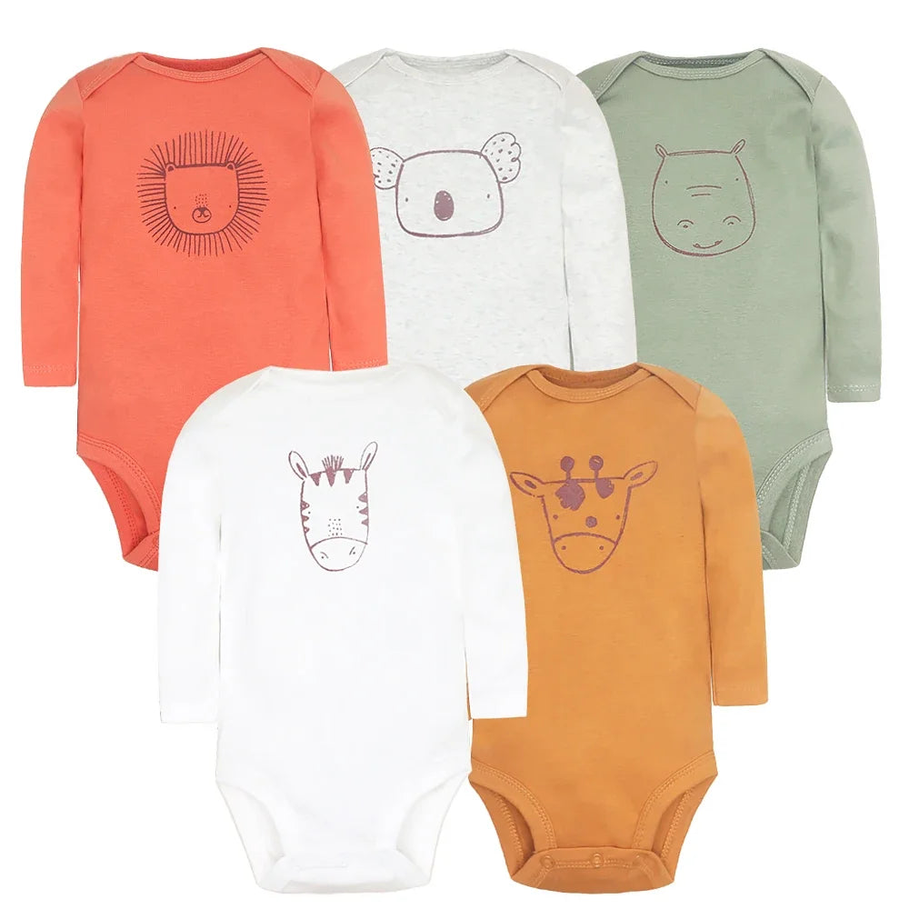 Animal face motif set of five long-sleeve baby bodysuits in orange lion, heather grey koala, sage green hippo, white zebra,