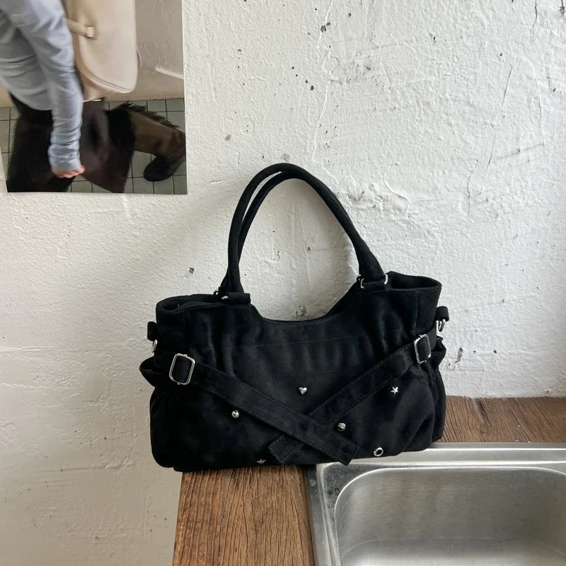 PU Leather Vintage Tote Bag – Rivet Detail, Adjustable Strap, 37×20×9 cm