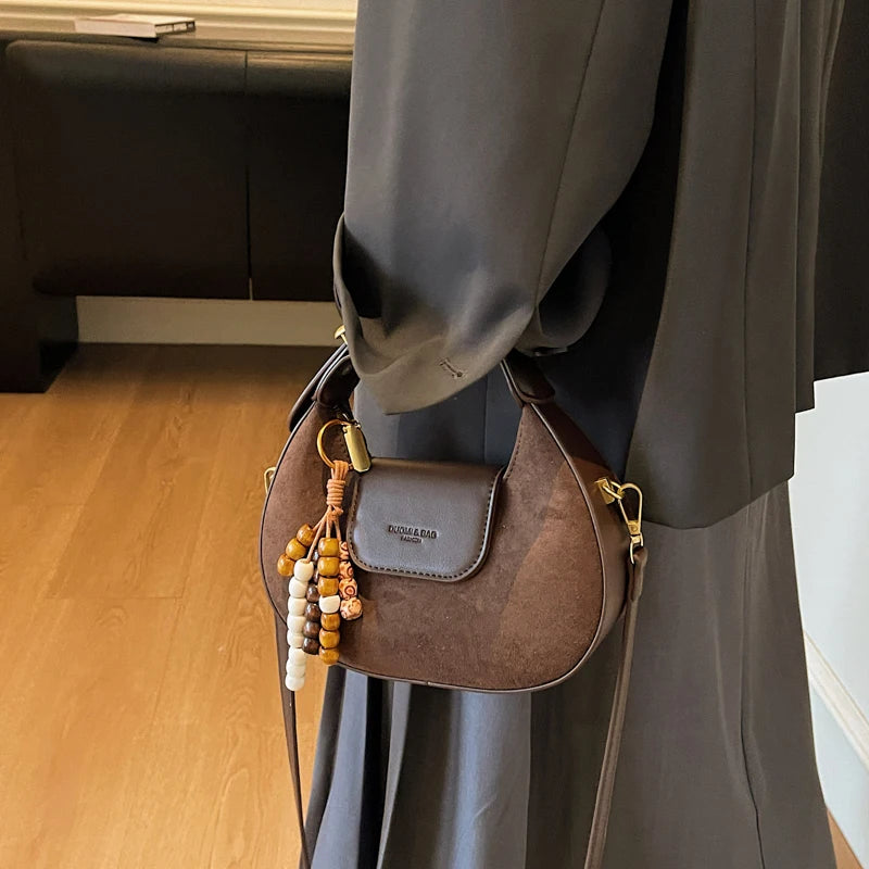 Women's Retro PU Leather Small Saddle Bag – Crossbody Shoulder Handbag with Pendant