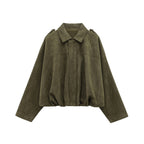 Women's Jacket Vintage Green Ruched Full-Zip Button-Up Collar Asymmetric-Hem Streetwear Coat