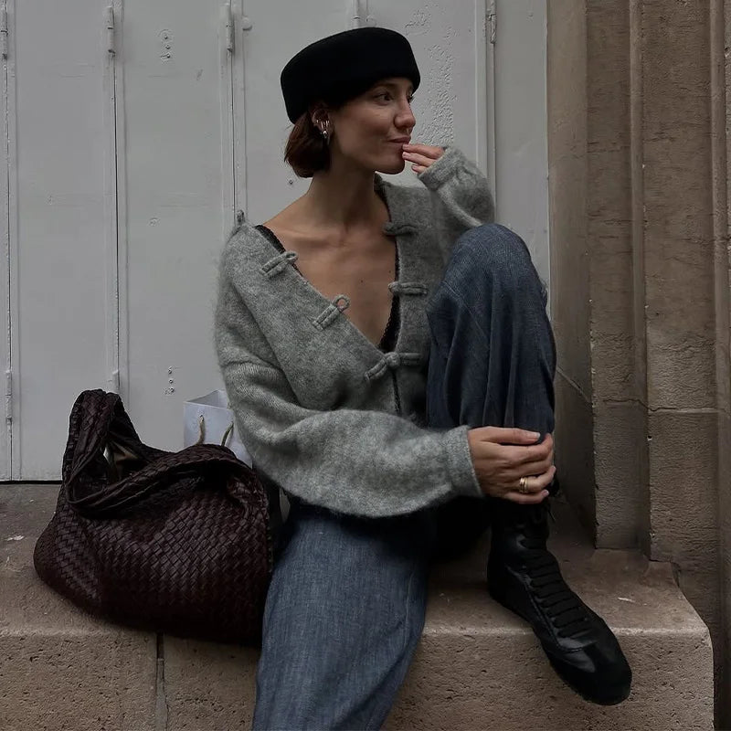 Women's Cardigan Knit Open-Stitch Button O-Neck Loose Full-Sleeve Casual Autumn Winter Sweater
