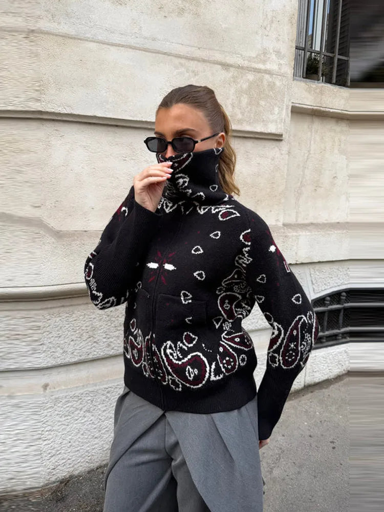 Casual Knit Printed Sweater Women Autumn Winter Loose Stand Collar Long Sleeve Button Knitwear Female 2026 Chic Lady Cardigan