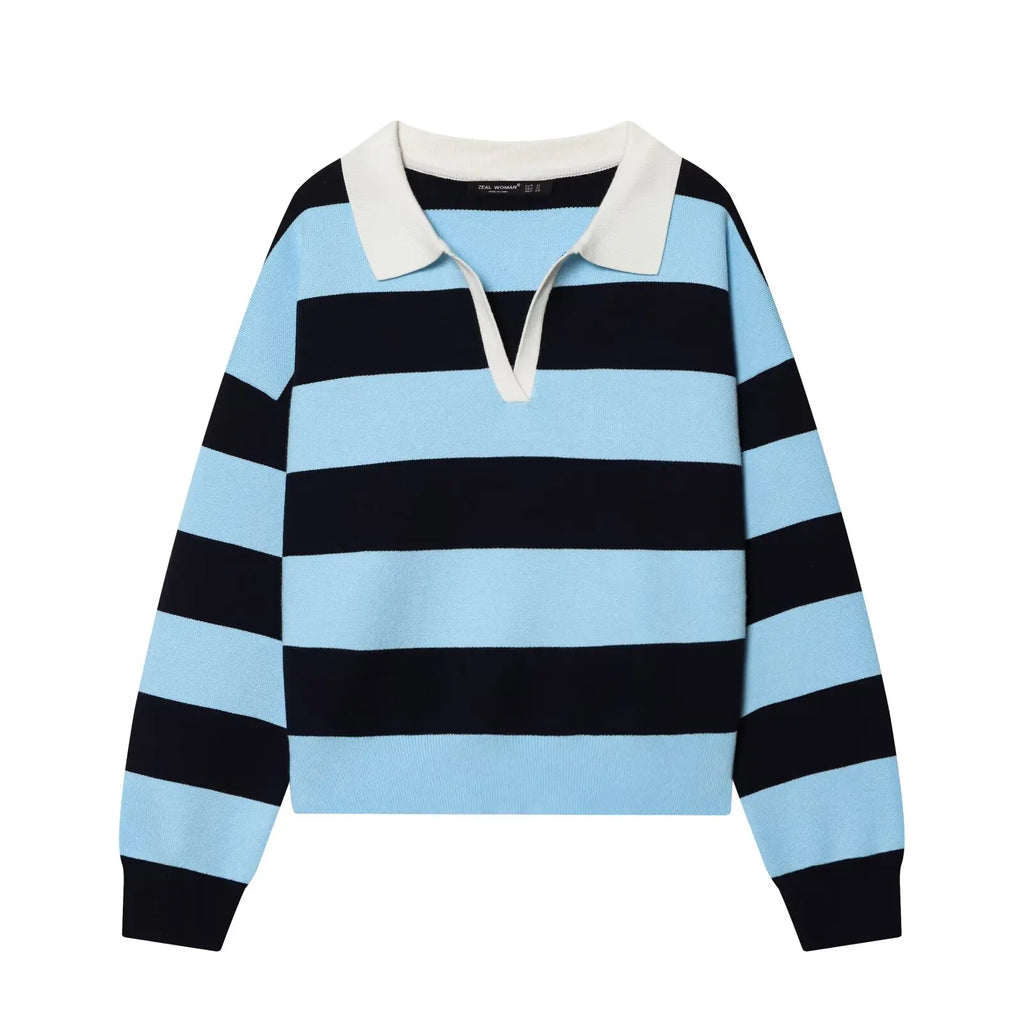 Women's Striped Polo Sweater Casual Long Sleeve Loose Pullover