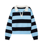 Women's Striped Polo Sweater Casual Long Sleeve Loose Pullover