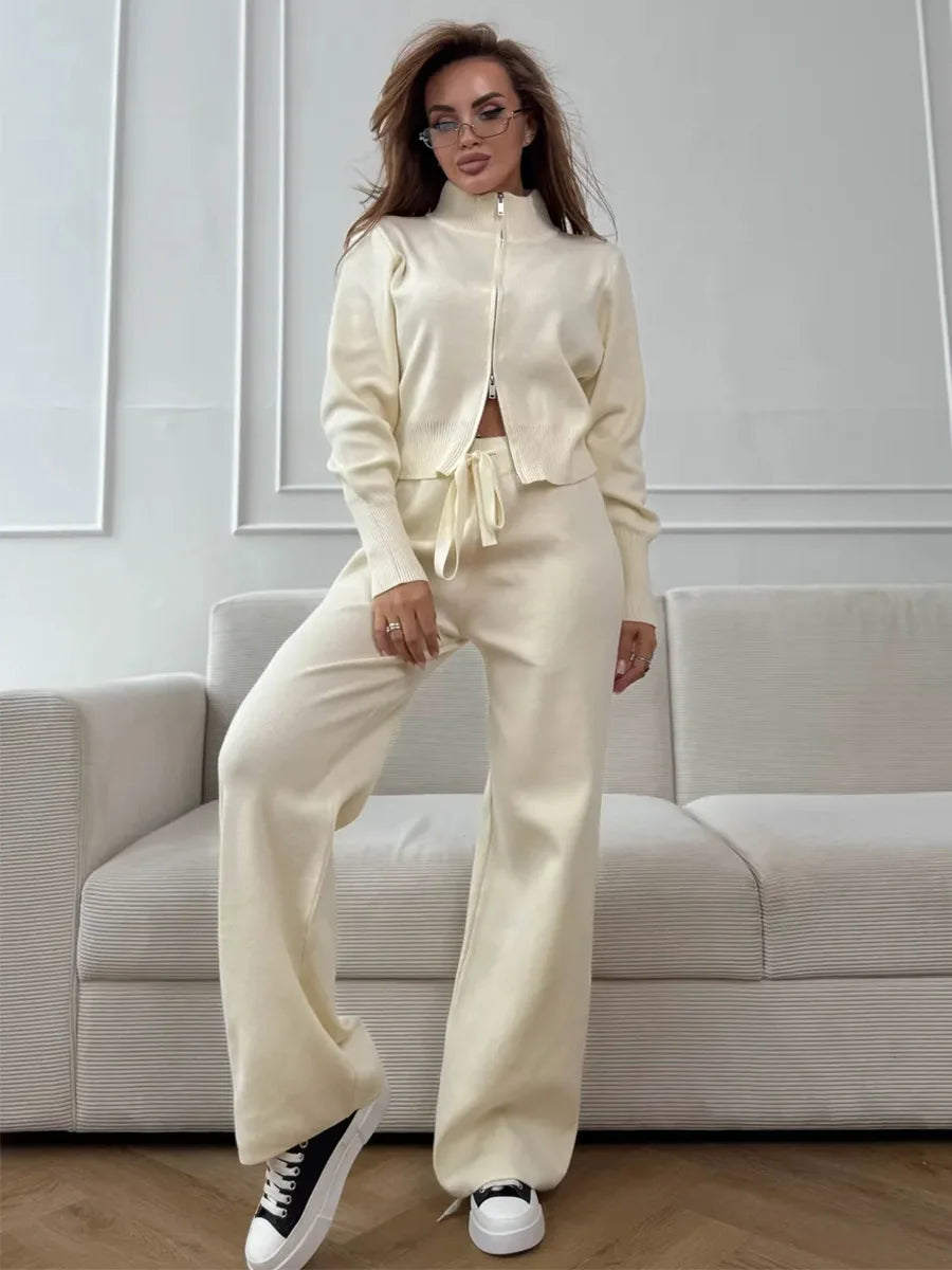 Women's Knit 2-Piece Set Zip-Up Stand Collar Cardigan Wide-Leg Ankle Pants Office Lady Autumn Winter Outfit