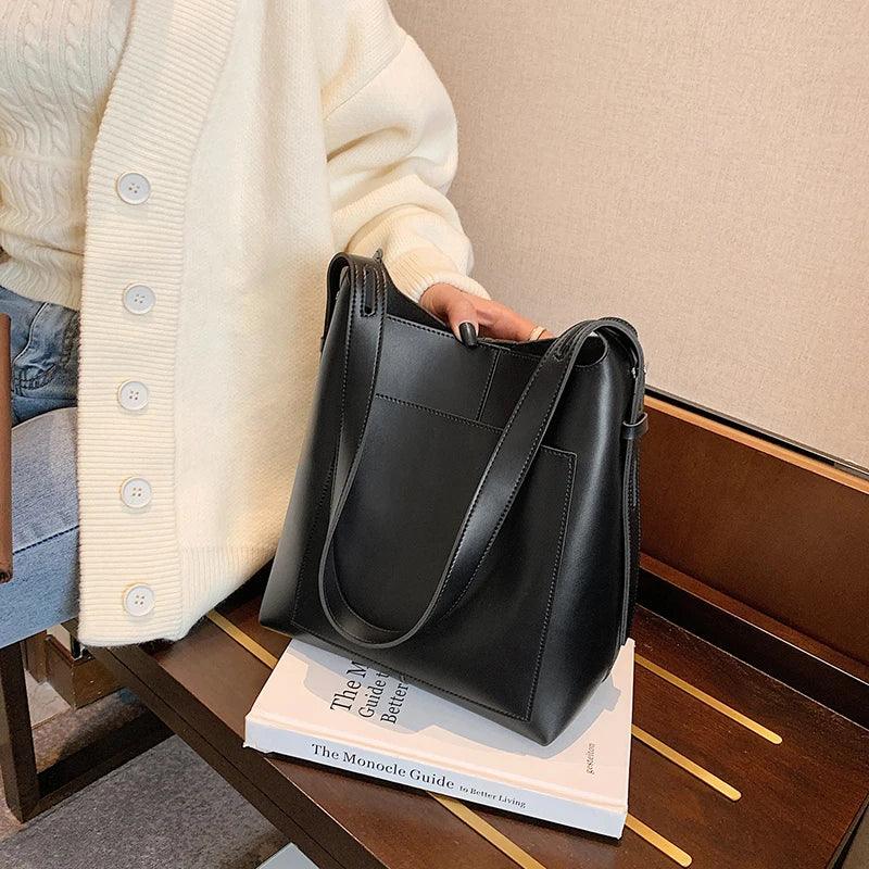 Large Shoulder Bags Leather Women with Interior Zipper Purse Outer Pocket Handbag