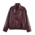 Women's Jacket Pebble Faux Leather Full-Sleeve Moto-Style Zipper Casual Coat