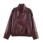 Women's Jacket Pebble Faux Leather Full-Sleeve Moto-Style Zipper Casual Coat