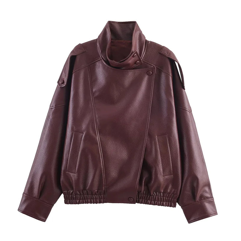 Women's Jacket Jacket Motorcycle Style 2026 Autunm Black Long Sleeve Pebble Faux Leather Fashion