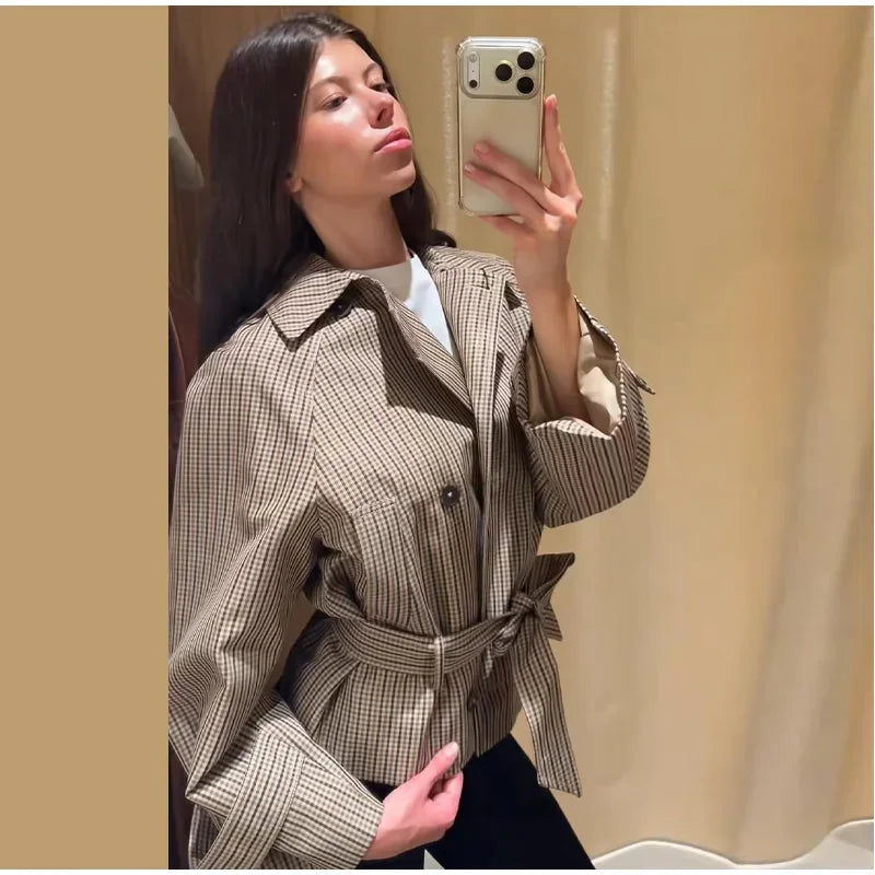 Women's Jacket Polyester Plaid Loose Stand Collar Full-Zip Full-Sleeve Casual Autumn Outerwear