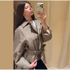 Women's Jacket Polyester Plaid Loose Stand Collar Full-Zip Full-Sleeve Casual Autumn Outerwear