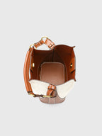Women's Canvas & PU Leather Bucket Bag with Wide Crossbody Strap
