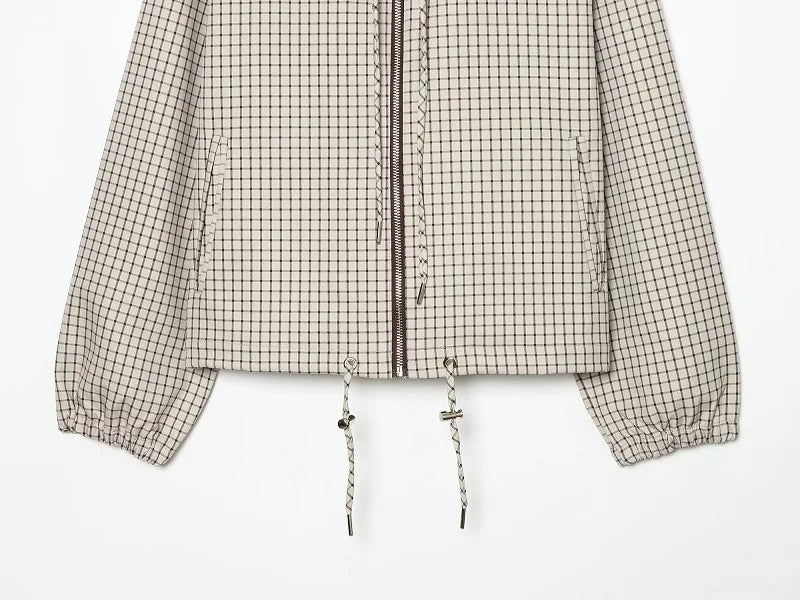 Women's Jacket Plaid Hooded Full-Zip Loose Turn-Down Collar Full-Sleeve Varsity Bomber Coat
