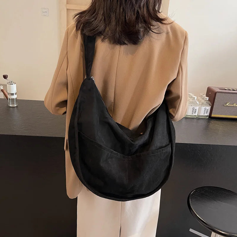 Large Suede Retro Shoulder Bag Women Zipper Soft Outer Pockets Hobo Handbags