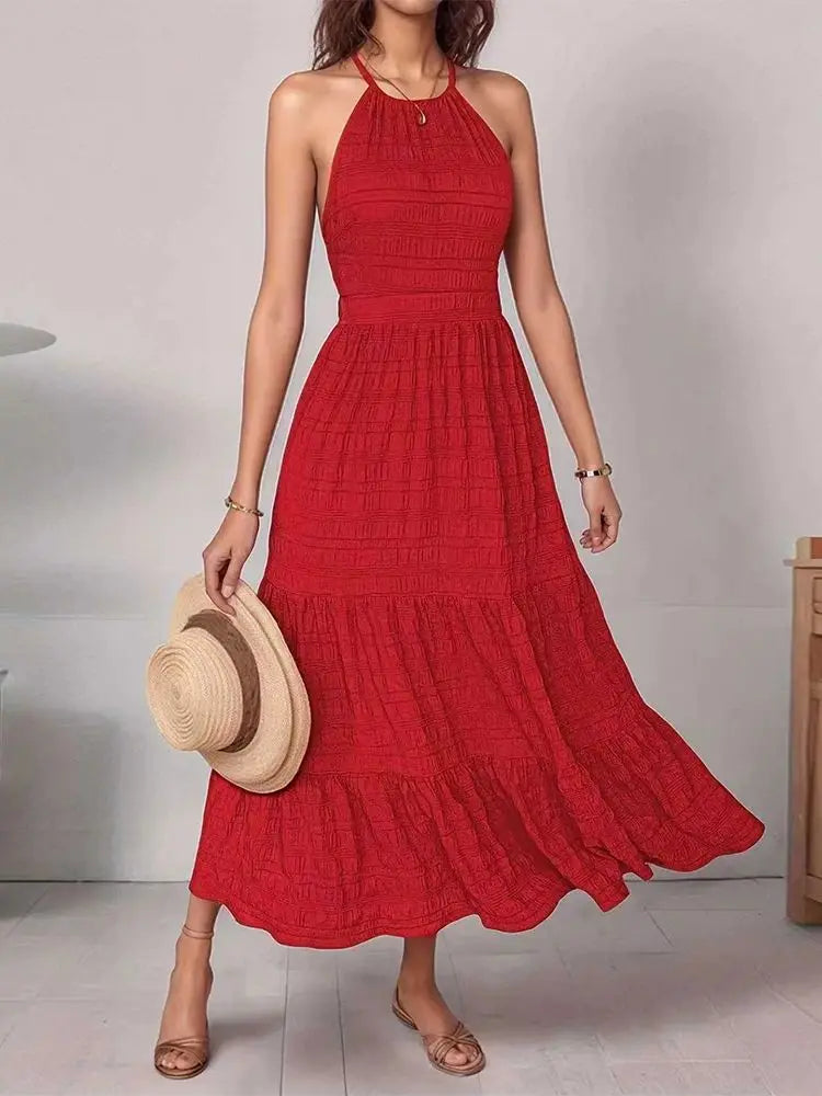 Off-Shoulder Backless Maxi Dress – Sleeveless Ruffle Holiday Dress
