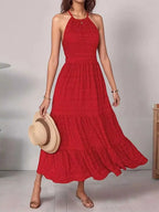 Off-Shoulder Backless Maxi Dress – Sleeveless Ruffle Holiday Dress