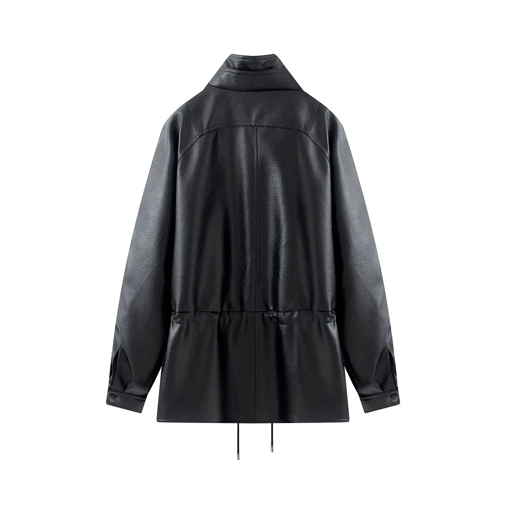 Women's Jacket Vintage PU Faux Leather Drawstring Double-Breasted Pleated Full-Sleeve Casual Coat