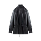 Women's Jacket Vintage PU Faux Leather Drawstring Double-Breasted Pleated Full-Sleeve Casual Coat