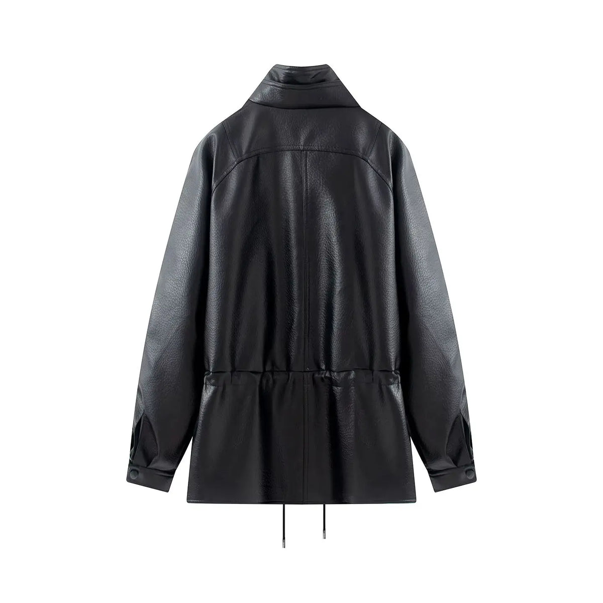 Women Fashion PU Solid Drawstring Double Breasted Jackets Vintage High Neck Long Sleeves Female Chic Lady Outfits