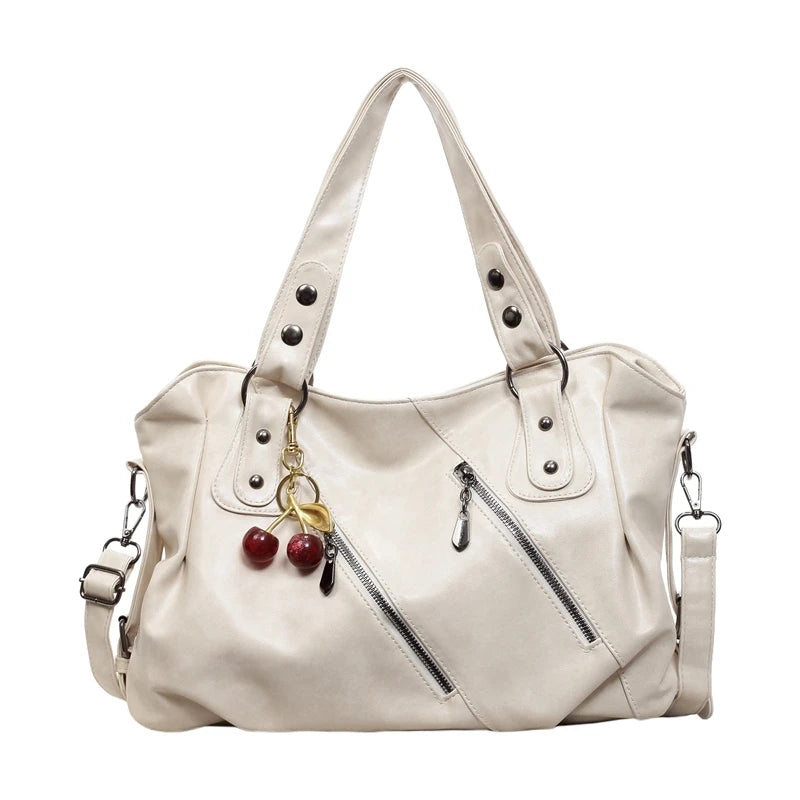 Women's Faux Leather Tote Shoulder Bag with Charm