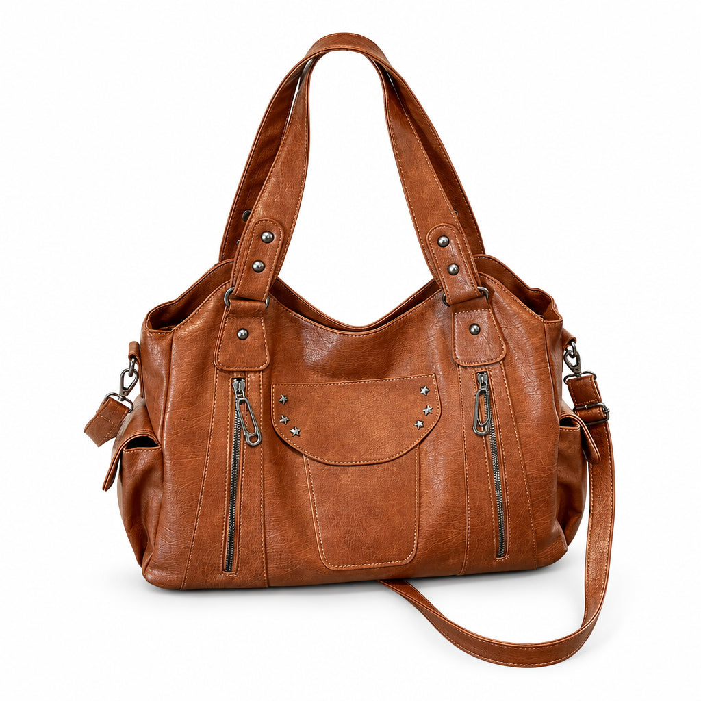 Women's Hobo Bag Vintage Large-Capacity Soft PU Leather Rivet-Accent Zipper Shoulder Bag with Phone Pocket