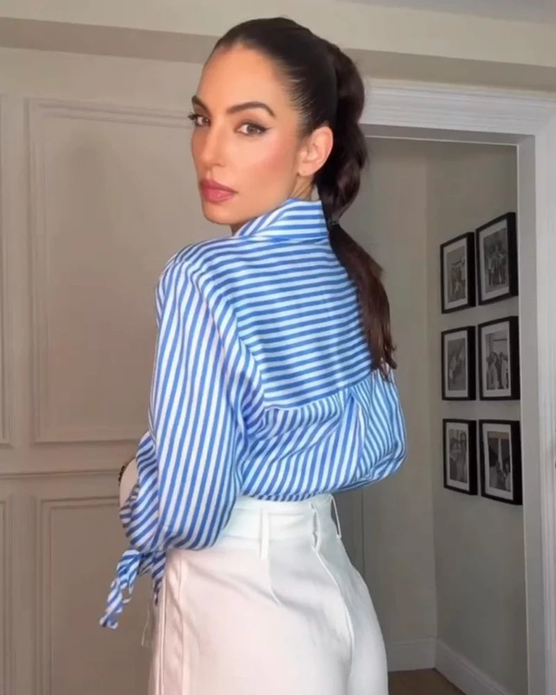 Women's Shirt 2026 Fashion Bow-tie Striped Top Long Sleeve Elegance Chic Daily