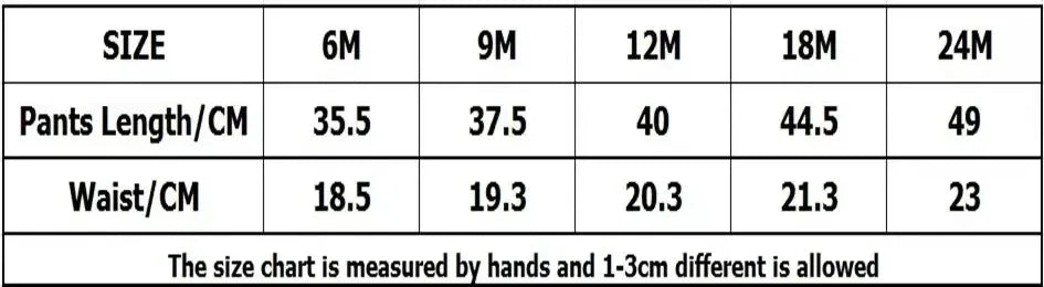 Pants size chart displaying length and waist measurements in centimeters for sizes 6M through 24M