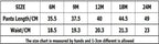 Pants size chart displaying length and waist measurements in centimeters for sizes 6M through 24M
