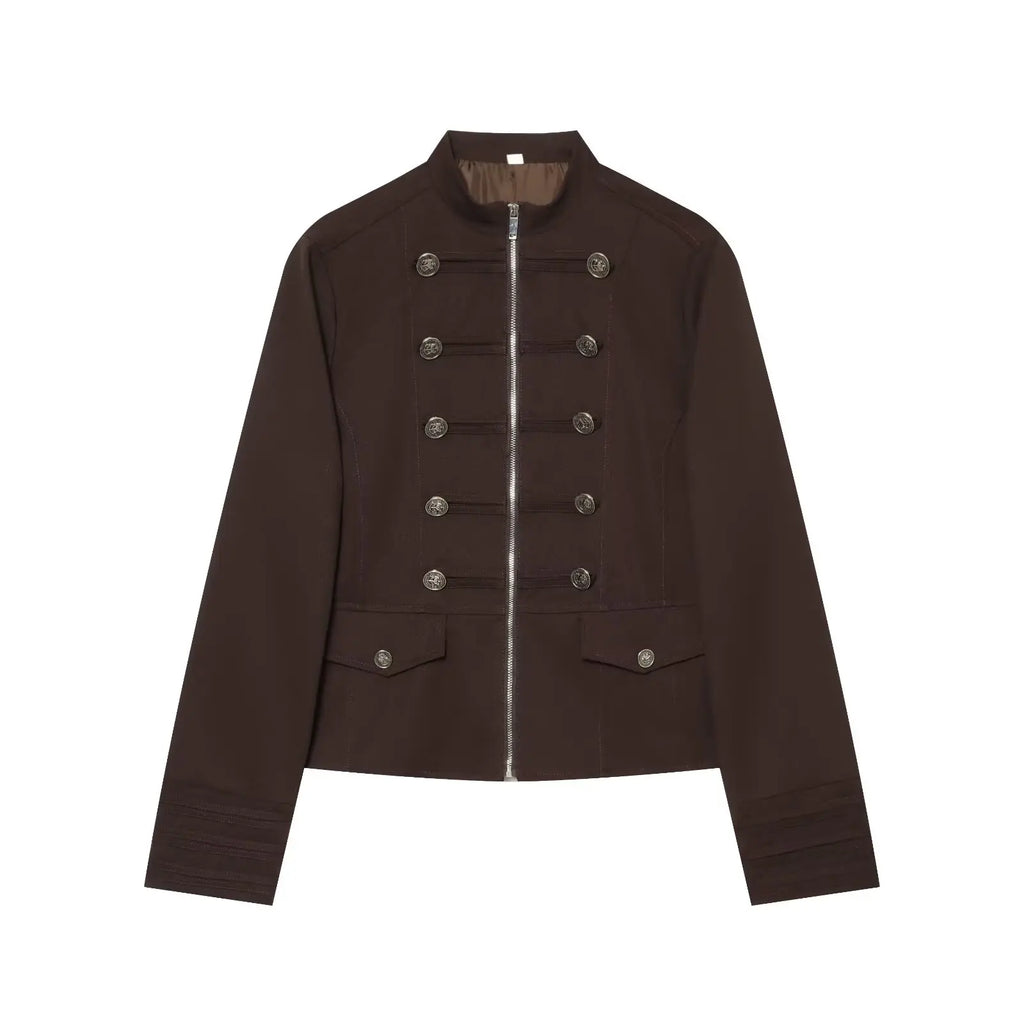 Casaco Feminino Estilo Militar com Fecho e Detalhes de Botões