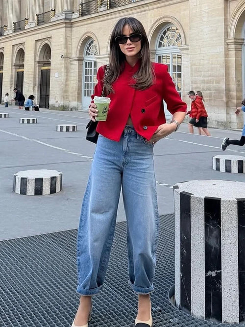 Casual Women Turtleneck Blazer Simple and Comfortable Half Sleeve Solid Color Texture Elegance High Street Coat