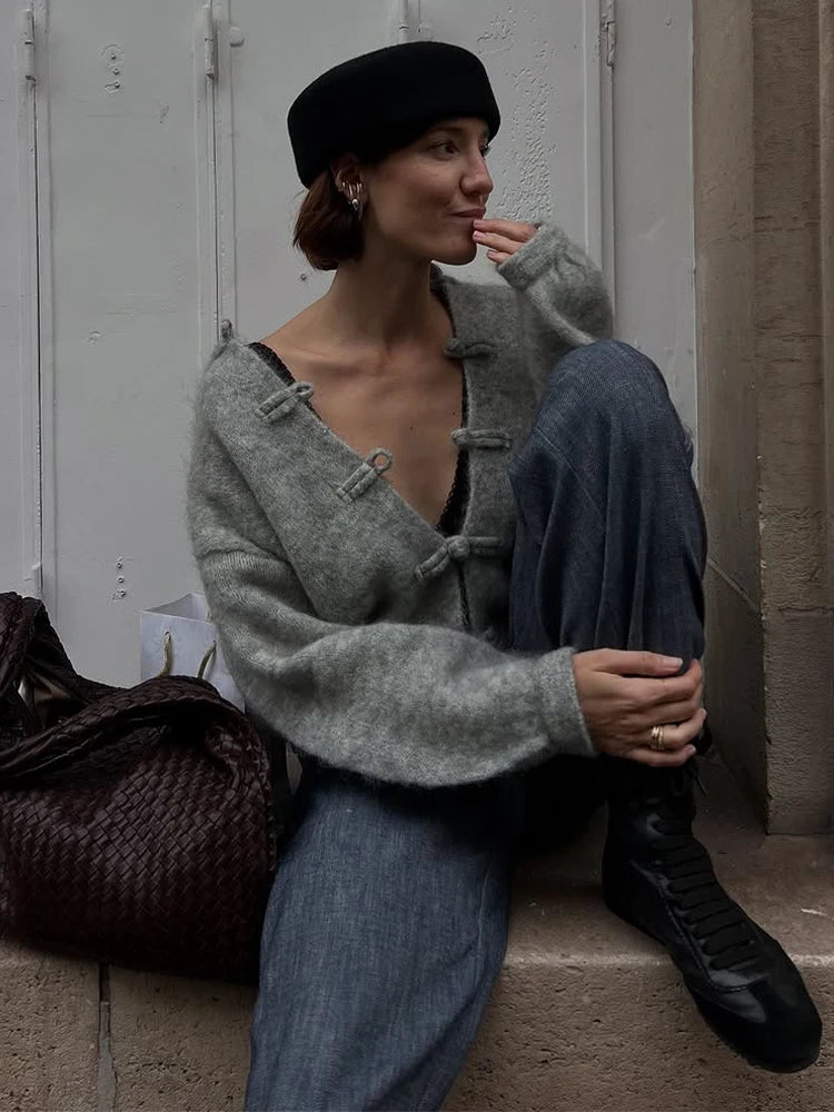 Women's Cardigan Knit Open-Stitch Button O-Neck Loose Full-Sleeve Casual Autumn Winter Sweater