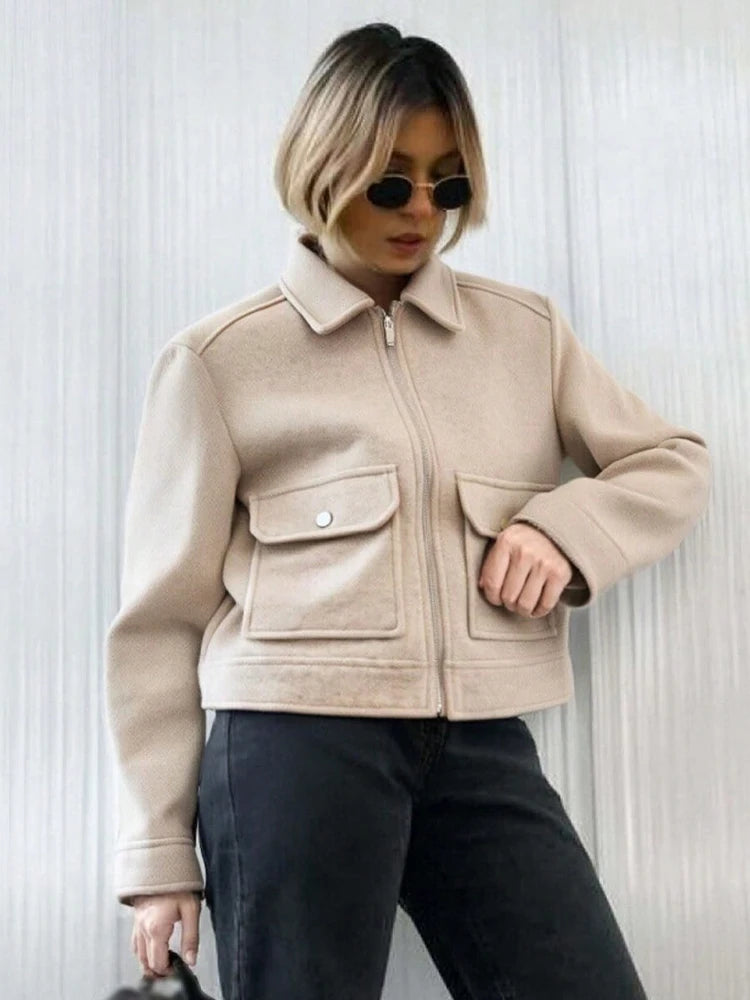 Women's Zipper Jacket Coat Winter Long Sleeve Pocket Outerwear Coat Short Street Elegant