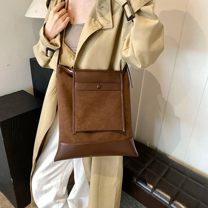 Large Suede Leather Shoulder Bags Women Retro Flap Outer Big Pocket Handbags