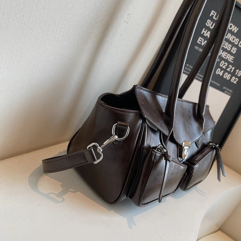 Leather Underarm Bags Women Tote Flap Push Lock with Outer Zip Pockets Crossbody