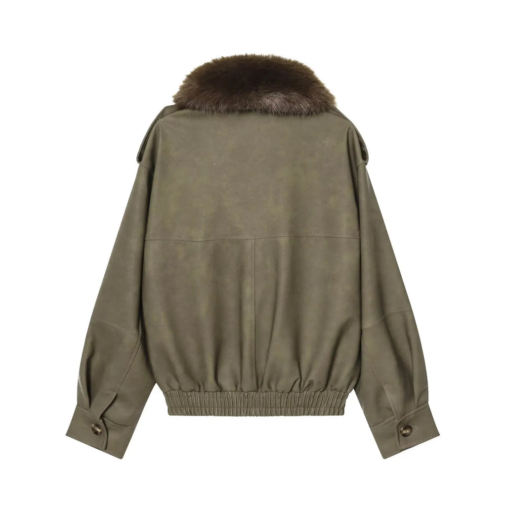 Women's  Faux Fur Collared Zip-Up Jacket with Pockets