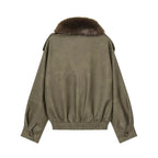 Women's  Faux Fur Collared Zip-Up Jacket with Pockets