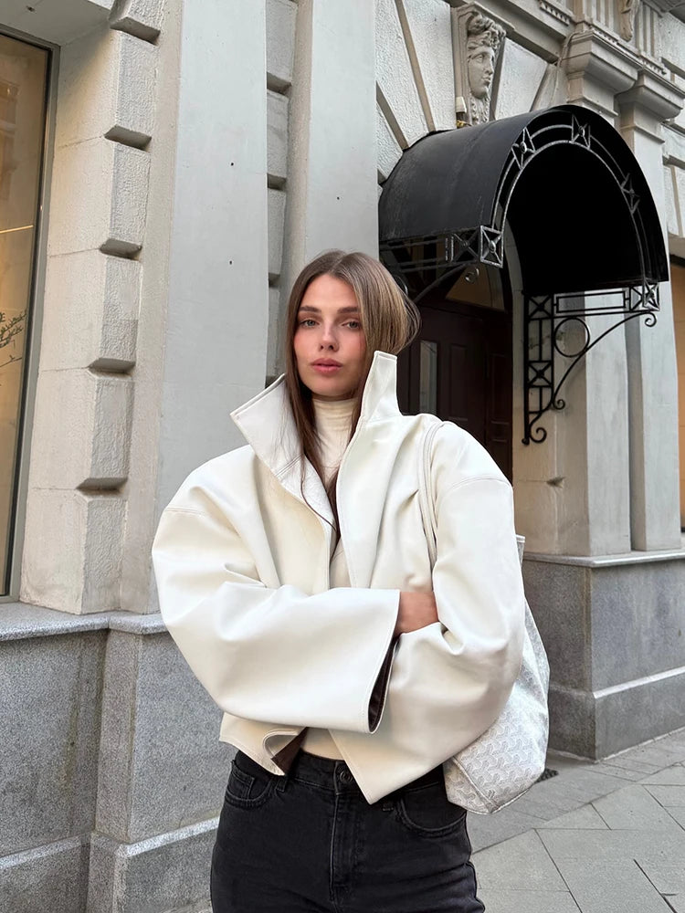 Women's Jacket Polyester Solid Stand Collar Open-Front Loose Full-Sleeve Casual Spring Autumn Outerwear