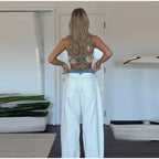 Women's Denim Patchwork Wide-Leg Ankle Jeans Drawstring Low Waist Loose Fit Casual Trendy Bottoms