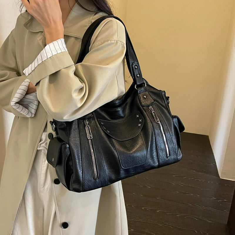 Women's Hobo Bag Vintage Large-Capacity Soft PU Leather Rivet-Accent Zipper Shoulder Bag with Phone Pocket