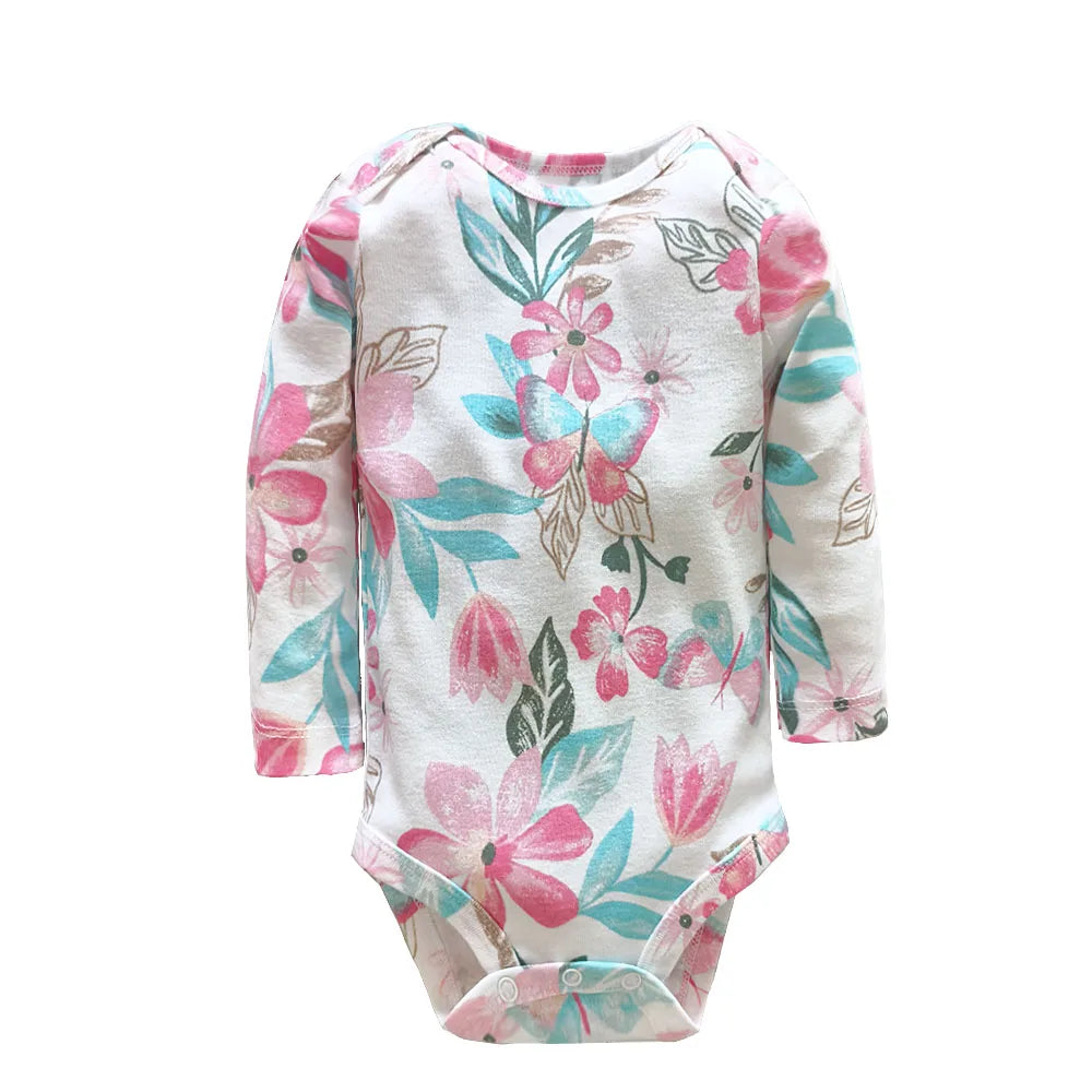 White floral watercolor print bodysuit with pink flowers and teal leaves shown flat with snaps